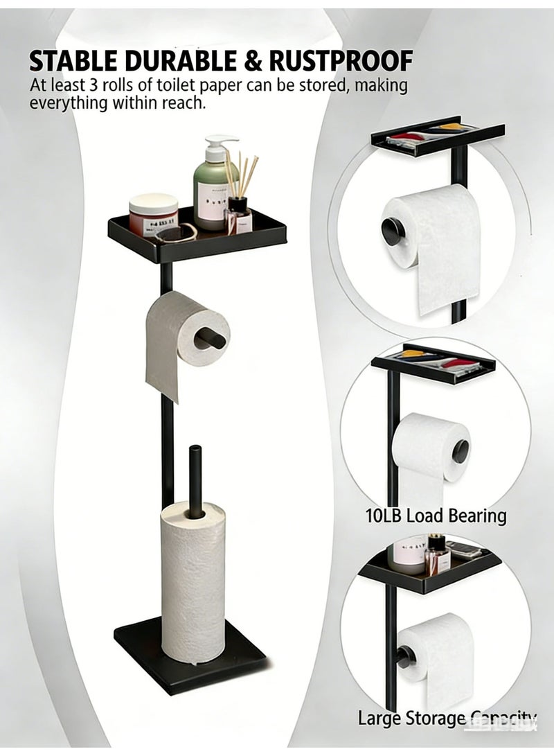 هيكوموني حامل ورق التواليت الأسود حامل تخزين ورق التواليت القائم بذاته مع رف أرضية الحمام حامل لفافة ورق التواليت حامل مناديل ورق التواليت - Image 1